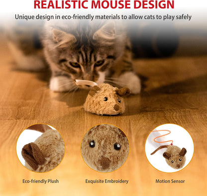 Gigwi Interactive Cat Toy Mouse, Moving Automatic Cat Toys Mice Electronic with Furry Tail, Automatic Squeaky Cat Toys for Kitten Indoor/Outdoor Exercise (Brown-Ear)
