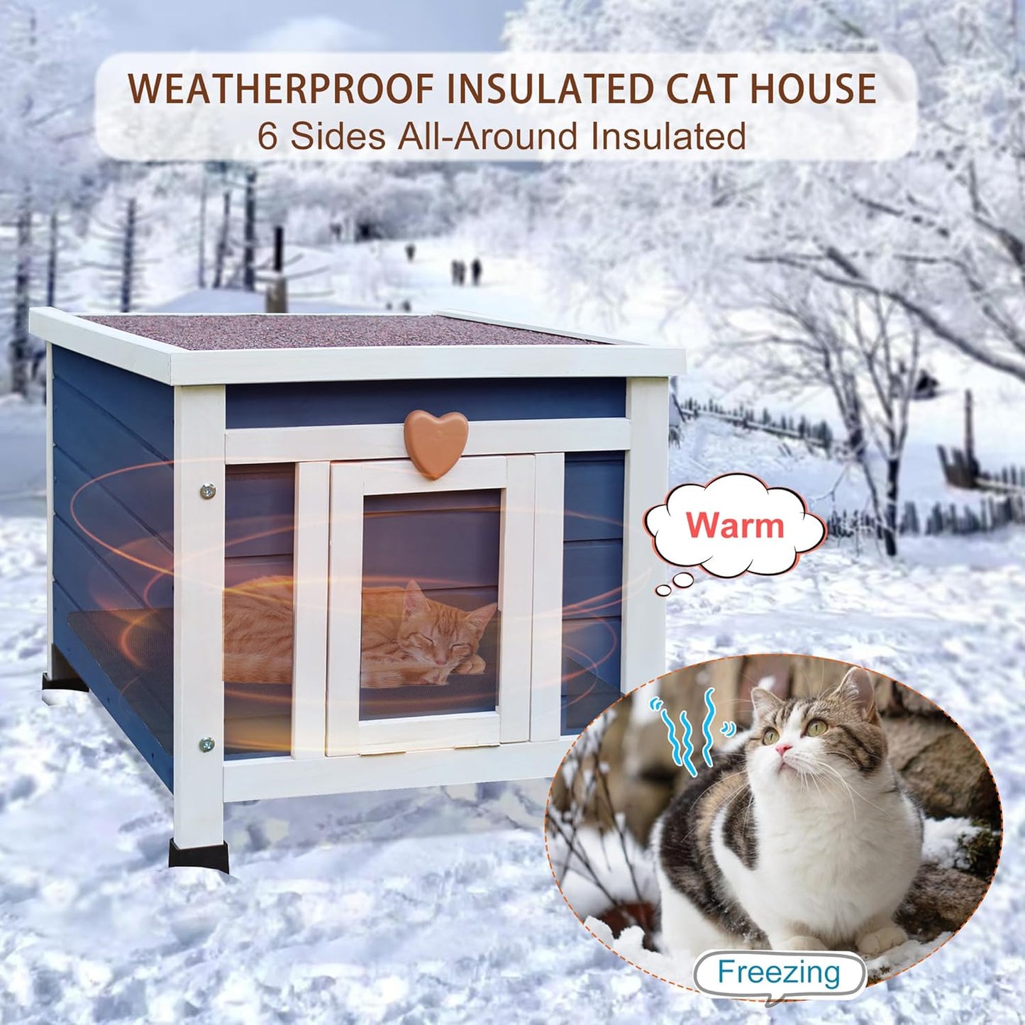 Rockever Outdoor Cat House, Insulated Outdoor Cat House with Warm Liner for Winter, Weatherproof Rabbit Hutch Bunny Cage, Wooden Outside Shelter for Feral Cats, Rabbits-Blue