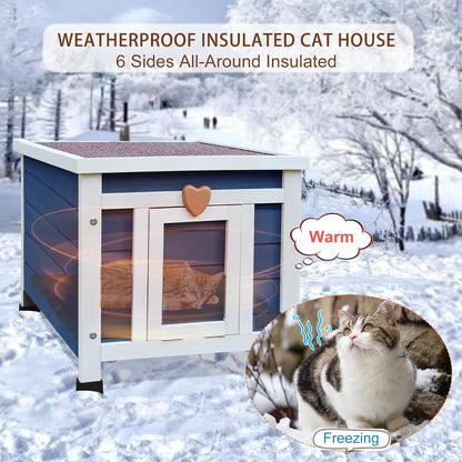 Rockever Outdoor Cat House, Insulated Outdoor Cat House with Warm Liner for Winter, Weatherproof Rabbit Hutch Bunny Cage, Wooden Outside Shelter for Feral Cats, Rabbits-Blue