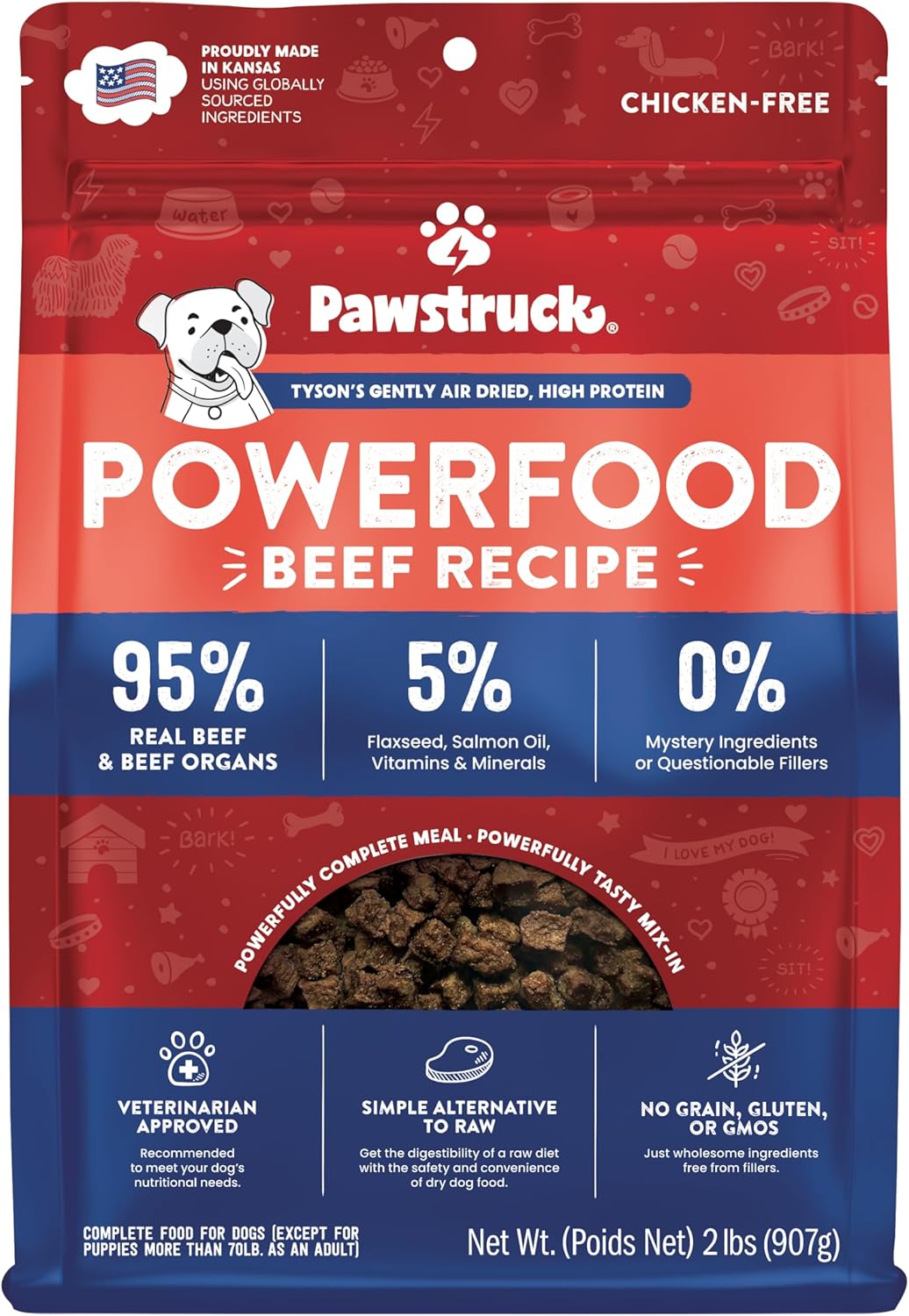Pawstruck Air Dried Dog Food with Real Beef, Grain-Free, Made in USA, Non-GMO & Vet Recommended, High Protein Limited Ingredient Full-Feed for All Breeds & Ages, 2lb Bag
