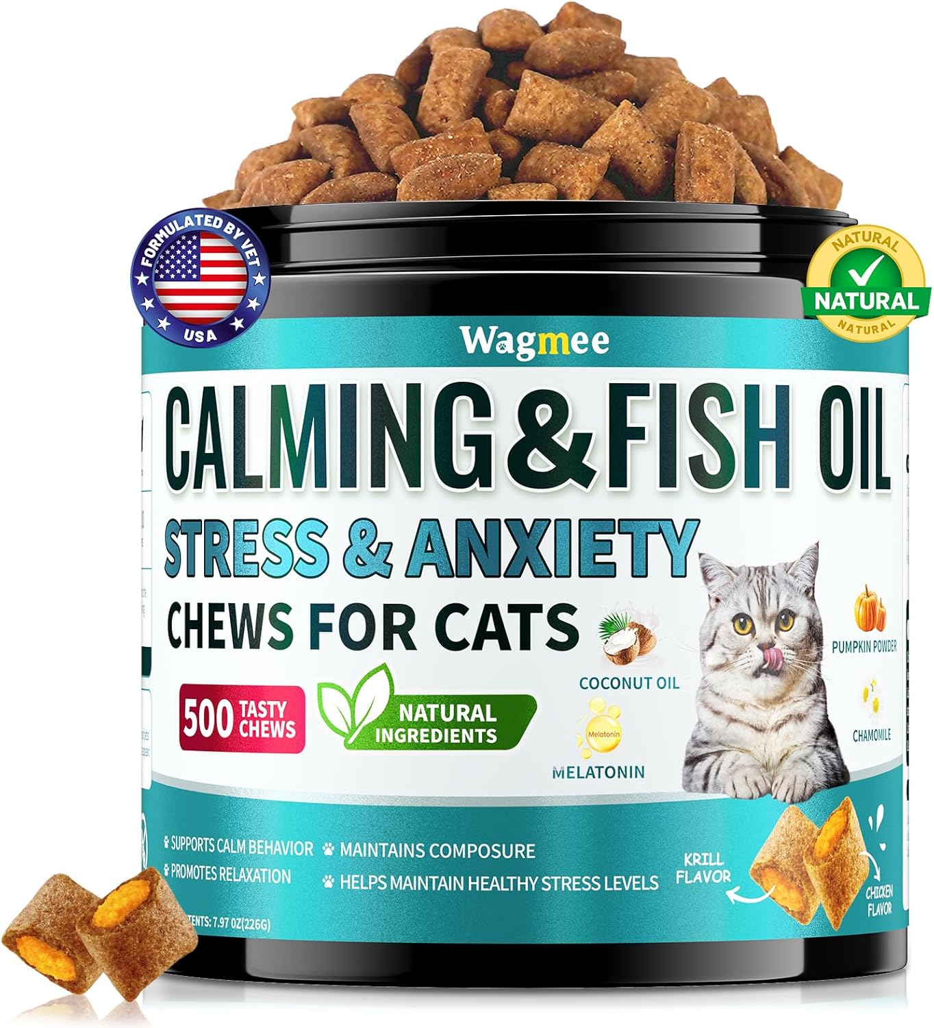 Wagmee Cat Calming Treats - 500 Crunchy & Creamy Cat Chews with Melatonin, Chamomile for Cat Stress and Anxiety Relief - Travel, Vet Visits, Storms and Separation Anxiety, Chicken and Krill Flavor
