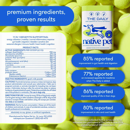 Native Pet Dog Vitamins & Supplements - 11-in-1 Vitamin Powder for Dog Food Topper - Collagen, Glucosamine, Probiotics, Omega & More- Supports Healthy Gut, Mobility & Overall Health - 30 Scoops