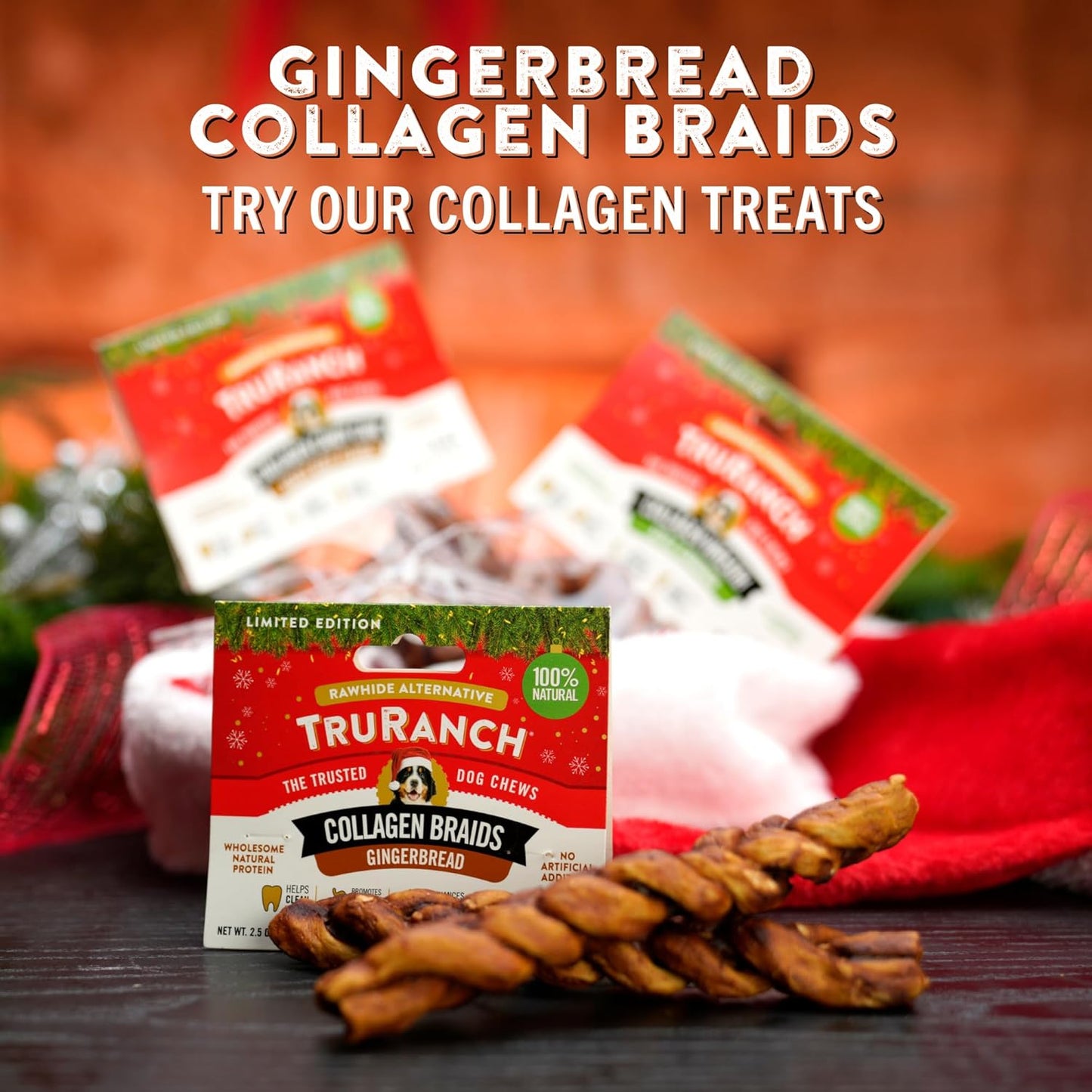 TRURANCH Gingerbread Collagen Braids - 1 Bag, 2 Count, Limited Edition Holiday Stocking Stuffer, Rawhide Free, 50% Protein, Healthy Limited Ingredients Dog Chew, for Small, Medium and Large Dogs