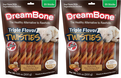 DreamBone Triple Flavor Twisties Chews for Dogs, 25 Count, Treat Your Dog to Rawhide-Free Chews Made with Real Chicken, Beef and Peanut Butter (Pack of 2)