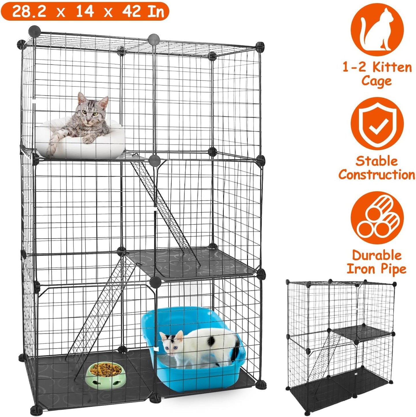 3 Tier Cat Playpen Cage Metal Indoor Cat House Detachable Kitten House with 3 Doors 2 Ladders Large Cat Exercise Place for 1-2 Cats Black