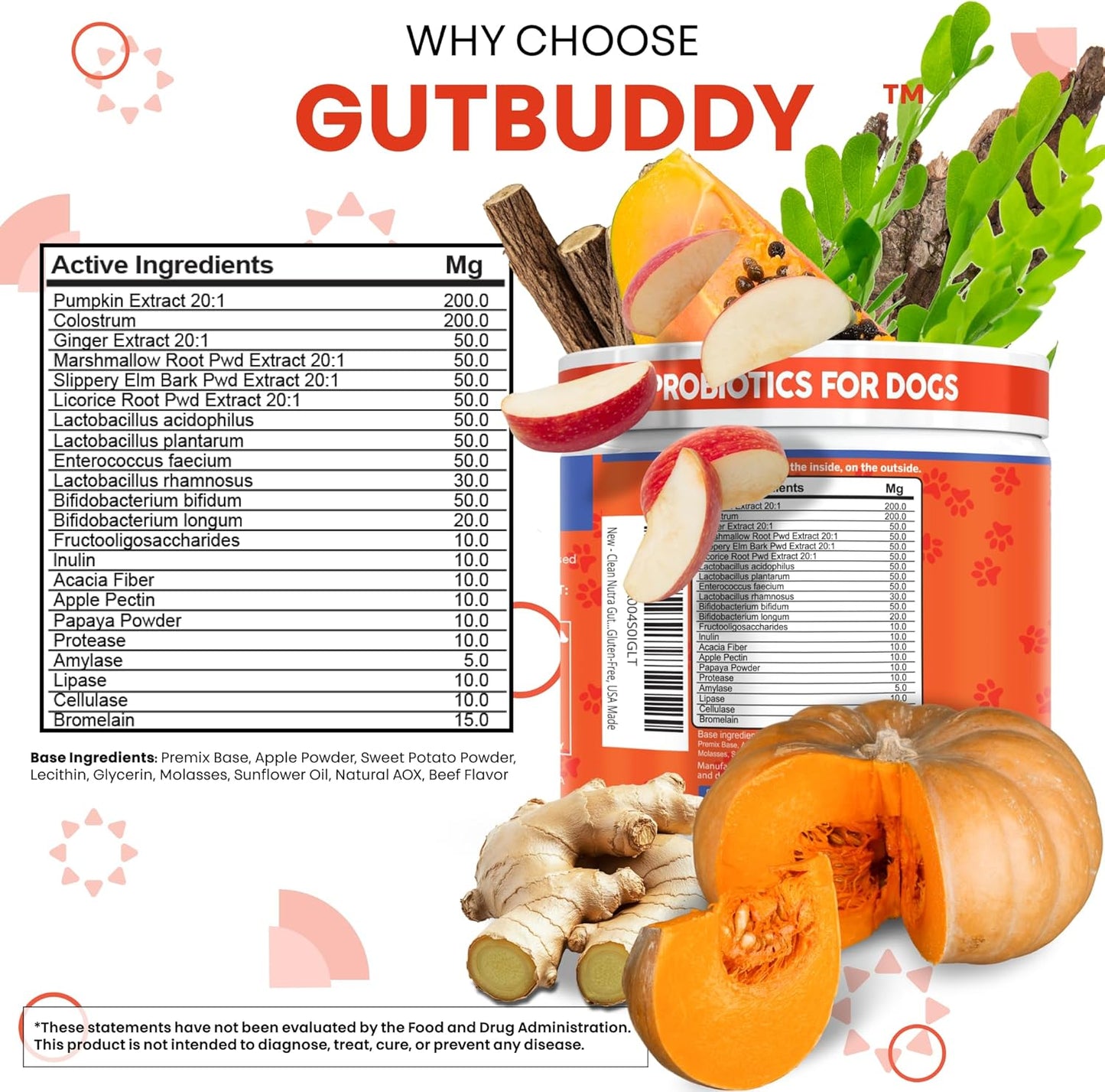 Gut Health Probiotics for Dogs + Pumpkin Colostrum Digestive Enzymes Ginger Slippery Elm Licorice Inulin Fiber Soft Chews Dog Probiotic Beef Flavor Digestion Supplement Treat Bites Large & Small Pets