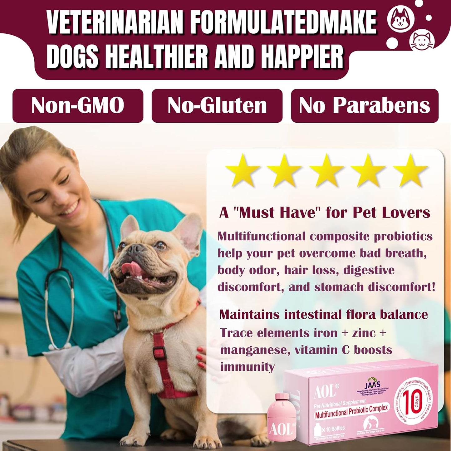 Probiotics for Dogs & Cats, 3 in 1 Formula, Improve Hair Loss, Itchy Skin, Improves Bad Breath, Body Odor, with Iron, Zinc, Manganese & Vitamin C, Gut Health, Yeast Balance(10 Bottles)，【Daily use】