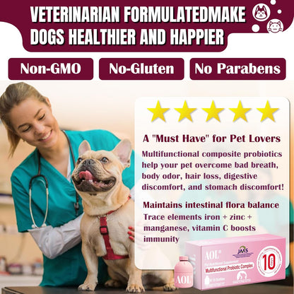 Probiotics for Dogs & Cats, 3 in 1 Formula, Improve Hair Loss, Itchy Skin, Improves Bad Breath, Body Odor, with Iron, Zinc, Manganese & Vitamin C, Gut Health, Yeast Balance(10 Bottles)，【Daily use】