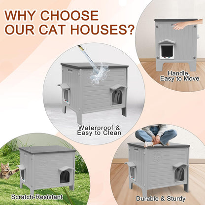 Deblue Insulated Cat House Outdoor Weatherpoof Plastic Cats Houses with Escape Door Indoor Waterproof Feral/Pet Cat Shelter Outside for Puppy, Rabbit for Winter (Grey)
