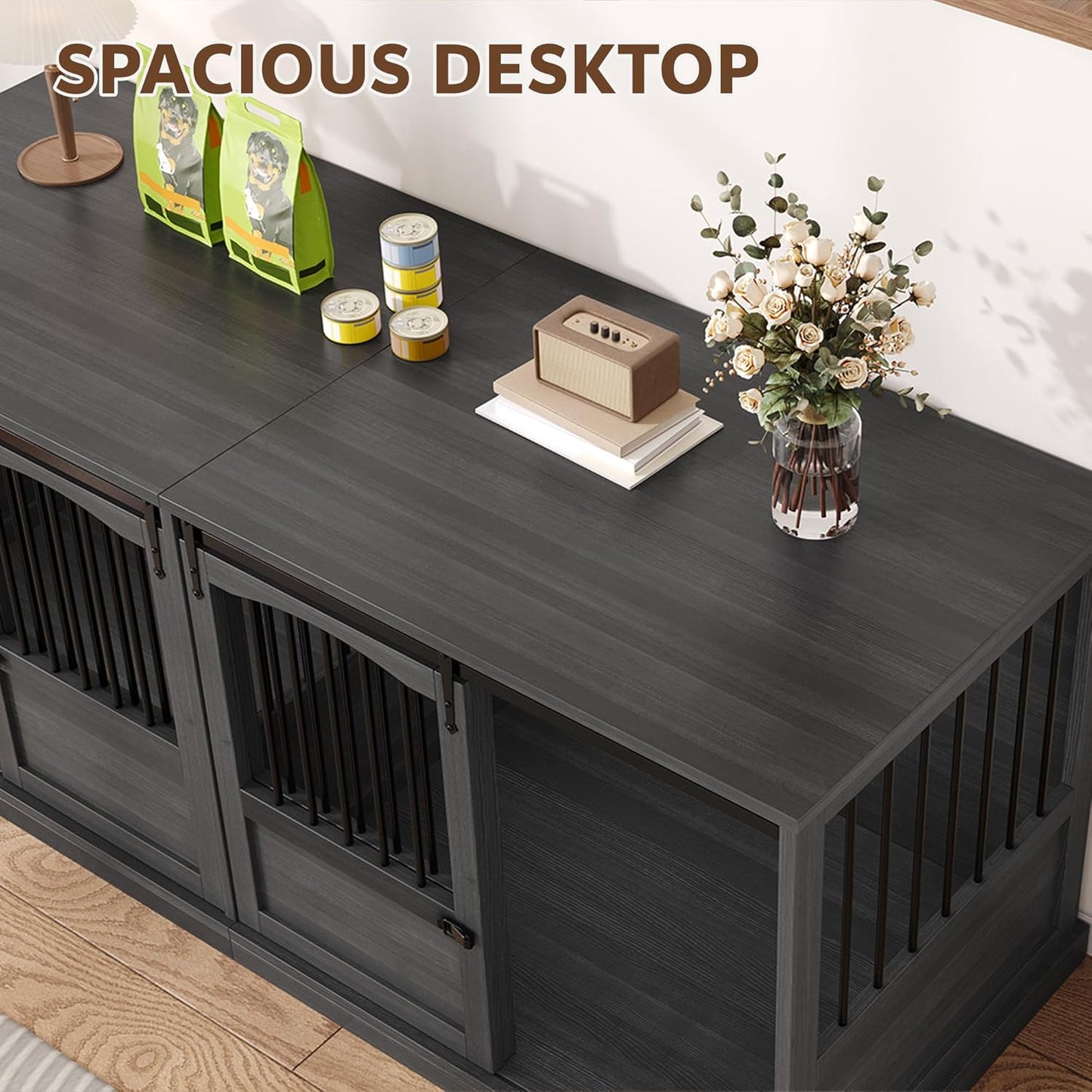 70.86" Double Dog Crate Furniture for 2 Medium Large Dogs Wooden Heavy Duty Dog Kennel Furniture with 2 Sliding Doors and Divider Decorative Dog Cage TV Stand End Table for Indoor Drak Grey
