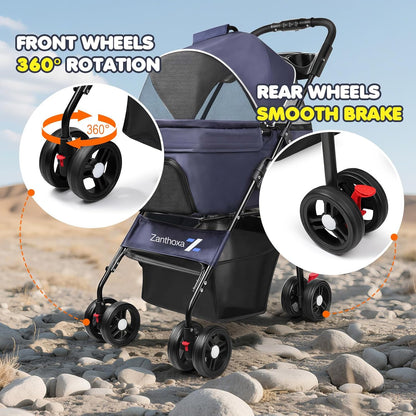 Dog Stroller for Medium Dogs 20 lbs, Pet Stroller for Small Dogs and Cats with 4 Wheels, Easily Folding & Compact Portable, Up to 45 Ibs with Detachable Basket, Cup Holder and Breathable Mesh