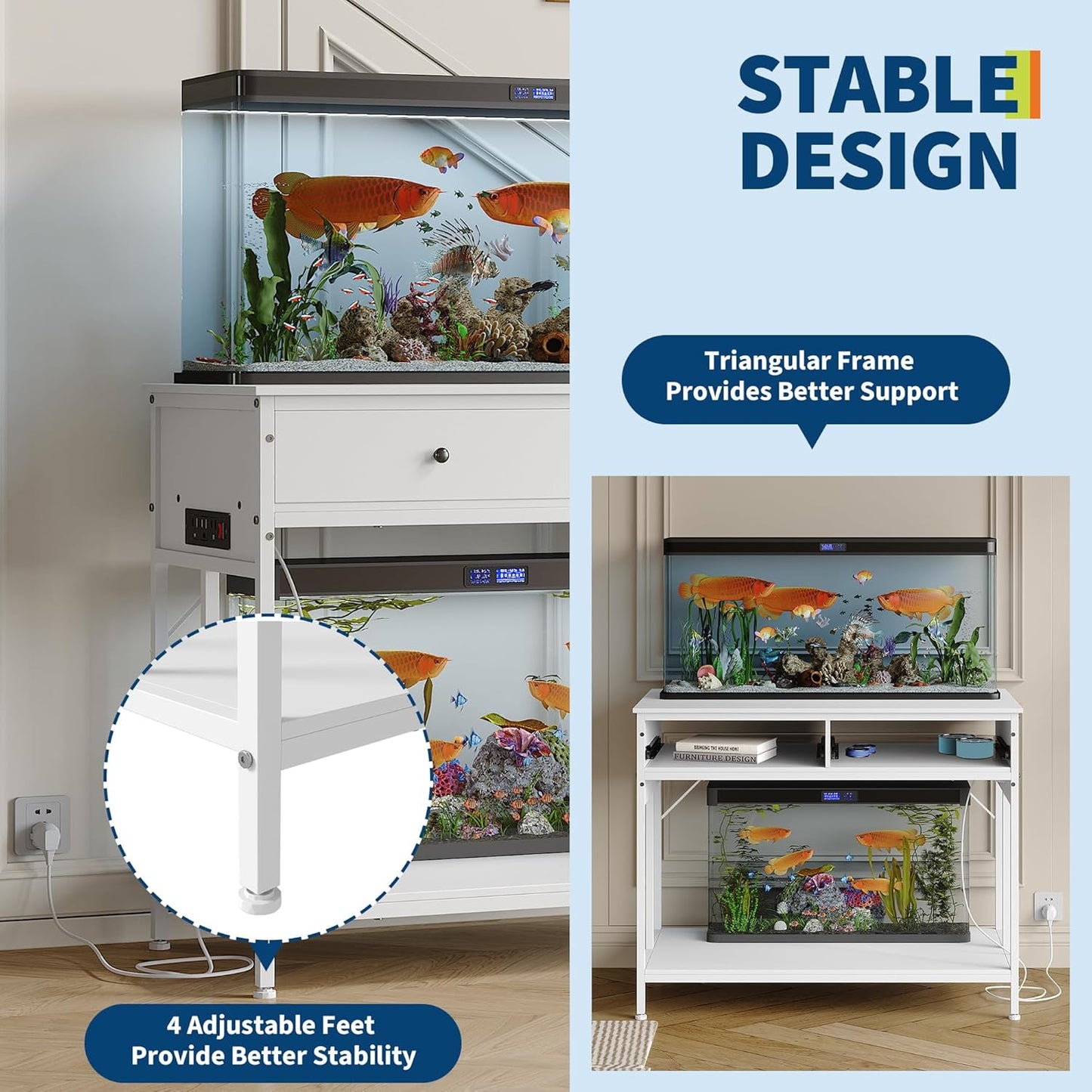 40-50 Gallon Fish Tank Stand with Outlets, 2 Aquarium Reptile Tank Stand with Storage Drawers, Height Adjustable Feet, 660LBS Capacity White