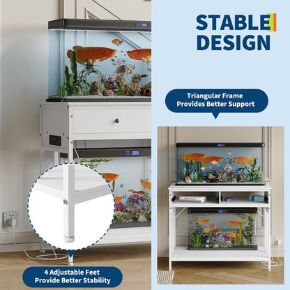 40-50 Gallon Fish Tank Stand with Outlets, 2 Aquarium Reptile Tank Stand with Storage Drawers, Height Adjustable Feet, 660LBS Capacity White