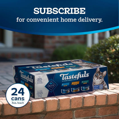 Blue Buffalo Tastefuls Wet Cat Food Paté Variety Pack, Made with Natural Ingredients, Chicken, Turkey & Chicken, Ocean Fish & Tuna Entrées, 5.5-oz Cans (24 Count, 8 of Each)