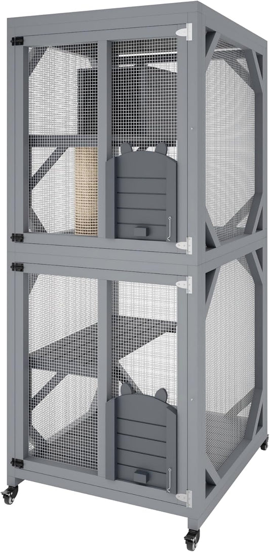 4 Tier Wood Catio Outdoor Window Cat Enclosure, Cat House On Wheels with Scratch Post, Resting Box, 4 Platforms, 2 Sliding Doors & Weatherproof Roof, Cats Kitty Condo Cage Shelter Playpen