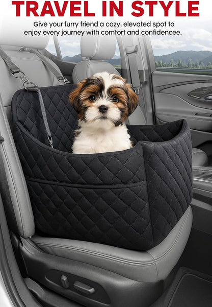 Elevated Dog Car Seat for Small/Medium Dogs up to 35 lbs, Memory Foam Pet Booster Seat with Detachable Washable Cover, Portable Travel-Safe Bed for Cars with Safety Belts and Storage Pockets