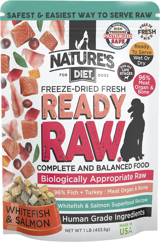 Nature's Diet Ready Raw : Freeze-Dried Raw Dog Food, Salmon & Whitefish, Human Grade, High Pressure Pasteurized (HPP), 96% Meat, Organ, Bone, Safe & Natural, Dry or Wet Feeding