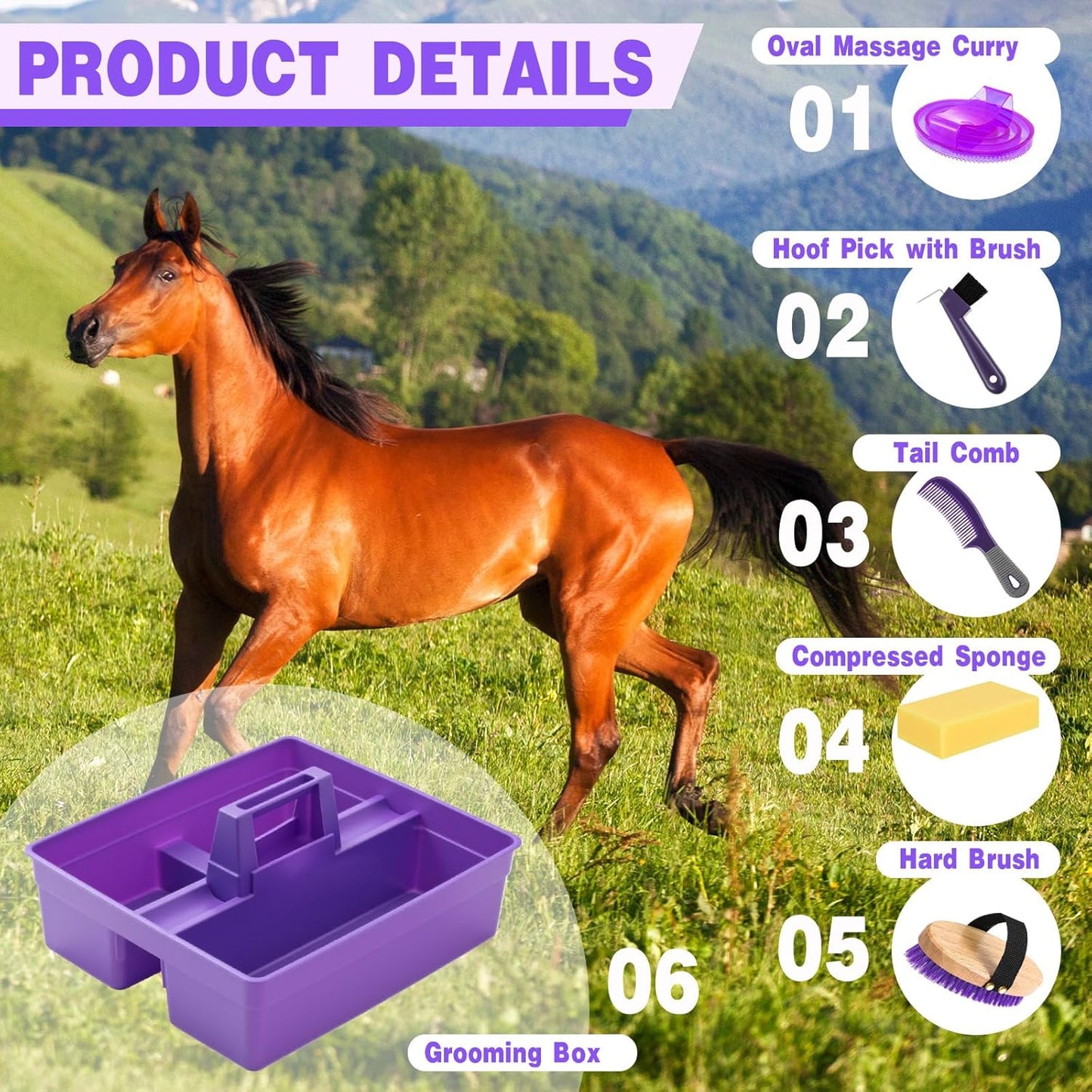 Abbylike 6 Pieces Horse Grooming Tote Kit Plastic Storage Grooming Bag for Horses Durable Tote Tack Box Organizer with Handle Horse Brush Sets Cleaning Caddy Supplies (Purple)