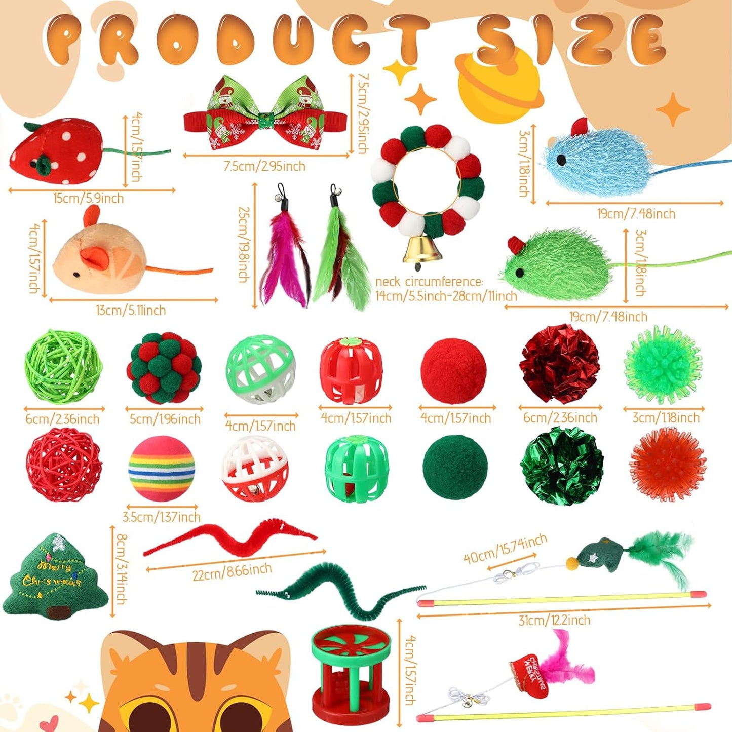 30 Pcs Assorted Christmas Cat Toy Interactive Gifts with Wand Collar Rattan Ball Christmas Bell Mouse Caterpillar Kitten Play Toy Stuff Indoor Outdoor