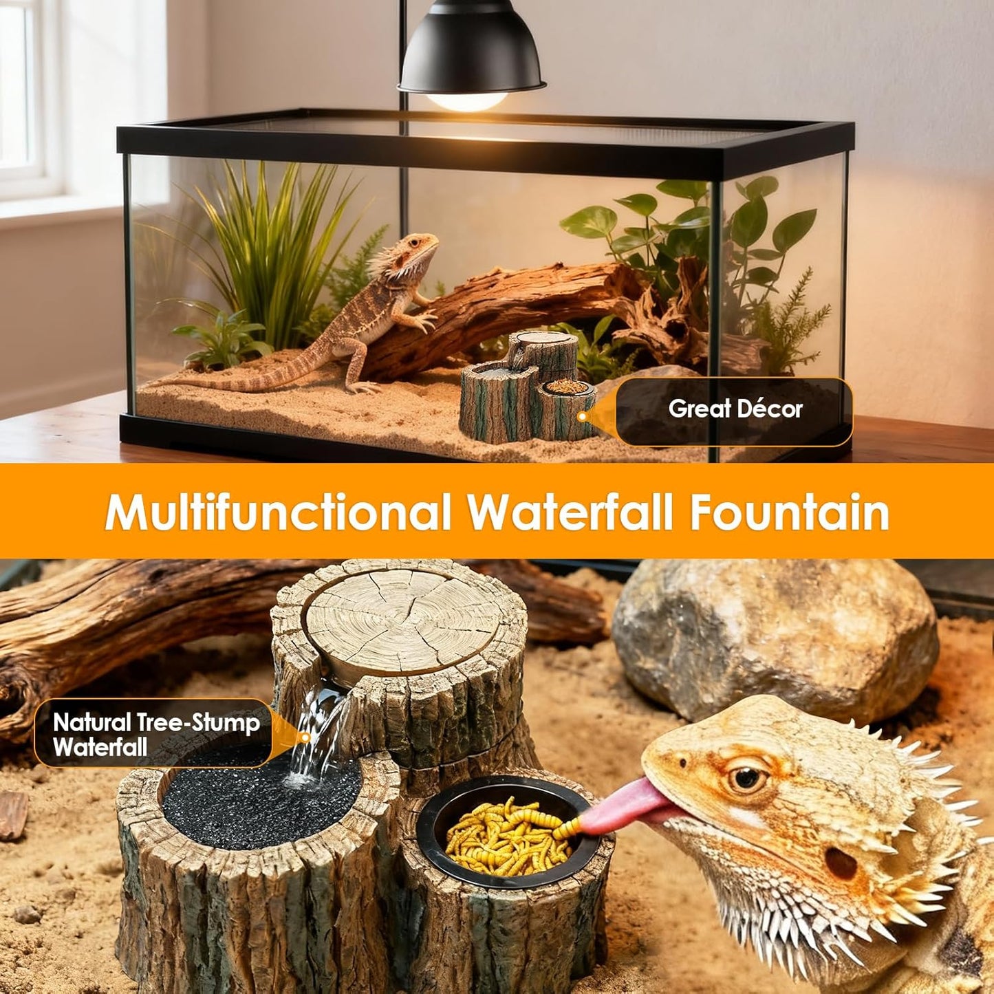 MIXJOY Reptile Water Fountain with Food Dish 550ML, 2 in 1 Reptile Waterfall Drinking Fountain, Reptile Water Dispenser for Bearded Dragon, Gecko, Leopard, Lizard, Chameleon, Tree Frog