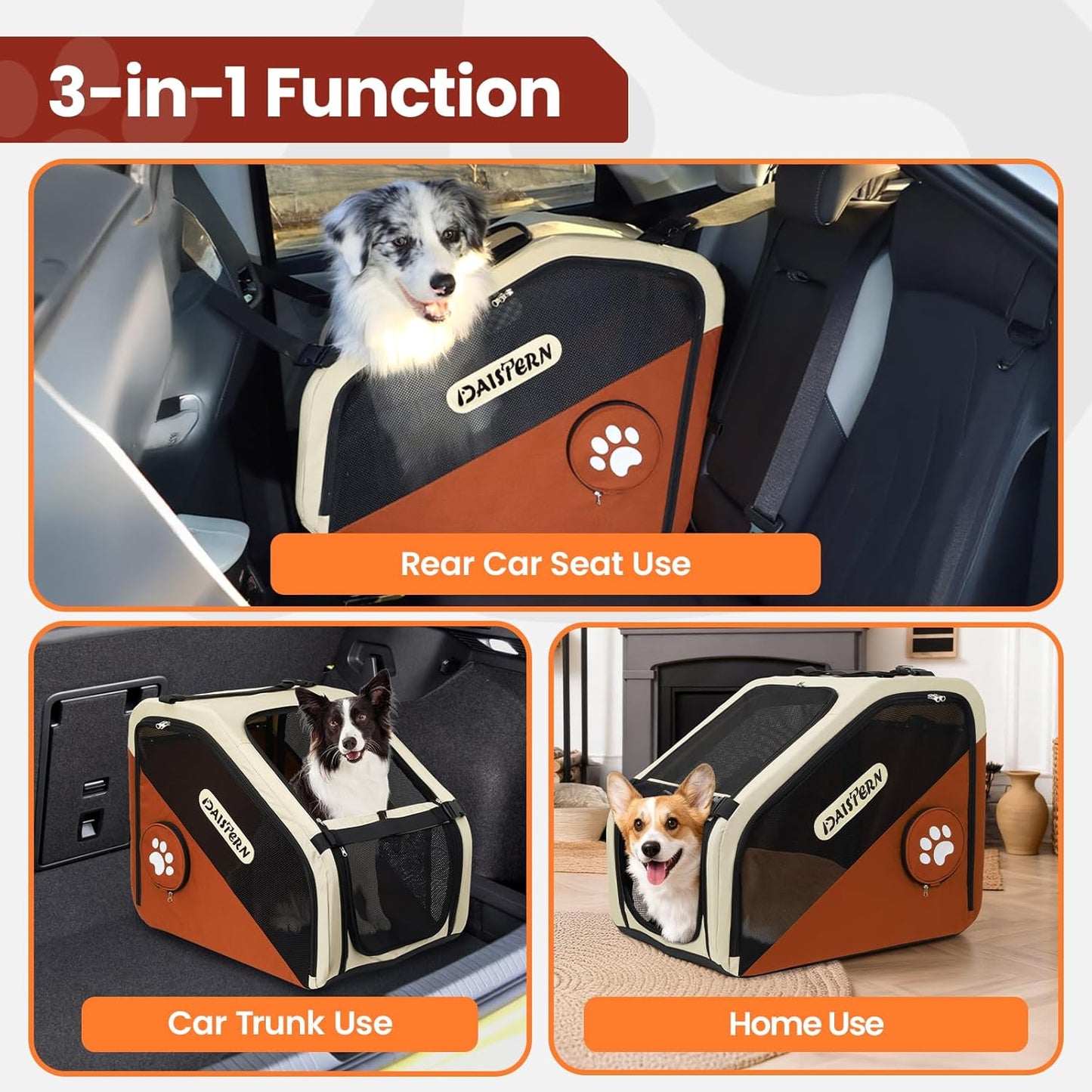 Collapsible Dog Crate for Travel, Portable Pet Crate for Small & Large Dogs, Soft-Sided Car Kennel with Heavy-Duty Metal Frame, Mesh Windows, Feeding/Comfort Access for Backseat Trunk Brown