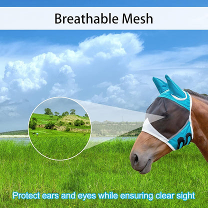 Andiker Soft Mesh Horse Fly Mask with Ears, Breathable Horse Face Mask Protect Eyes and Face (Green, Medium)