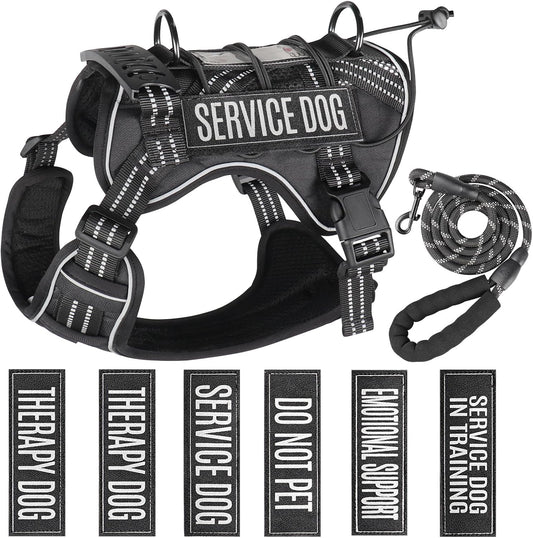 Service Dog Tactical Vest Harness and Leash Set Medium Sized Dog Emotional Support- Tactical Dog Harness Training Collar with Name (Black, M)