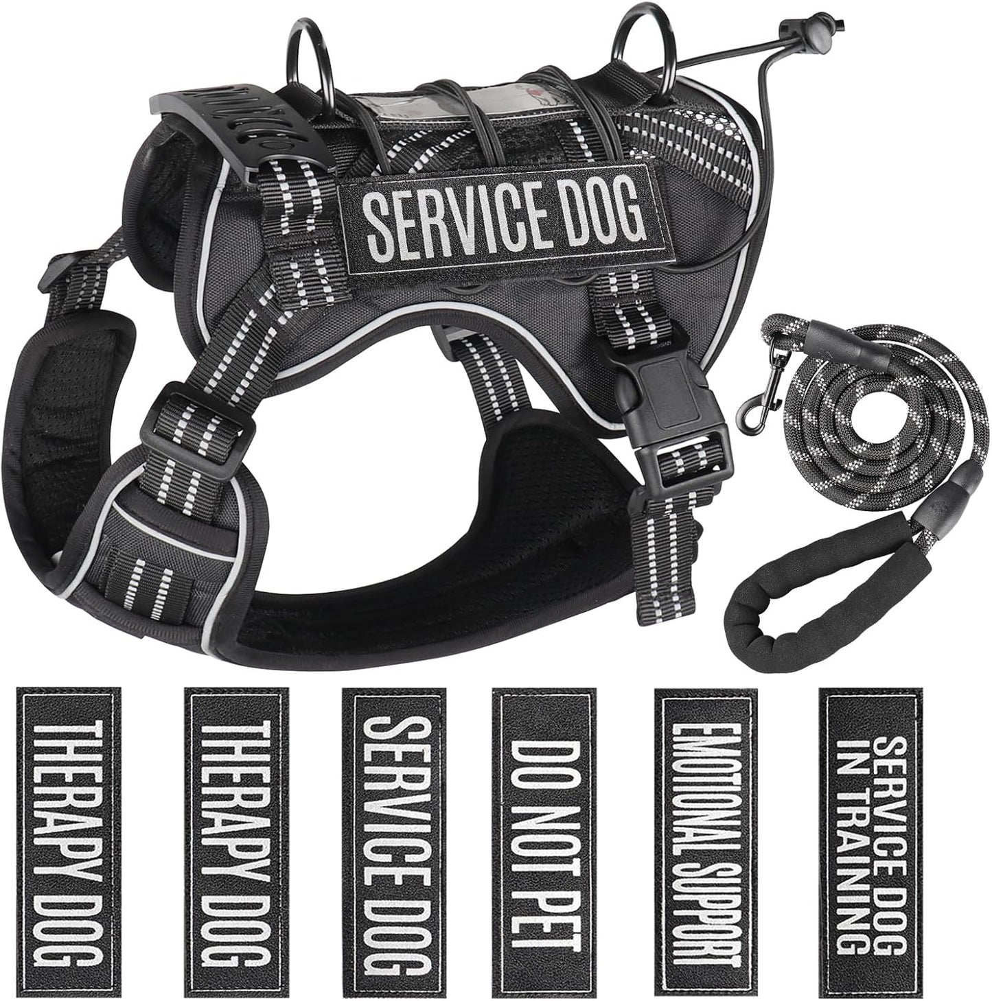 Service Dog Tactical Vest Harness and Leash Set Medium Sized Dog Emotional Support- Tactical Dog Harness Training Collar with Name (Black, M)