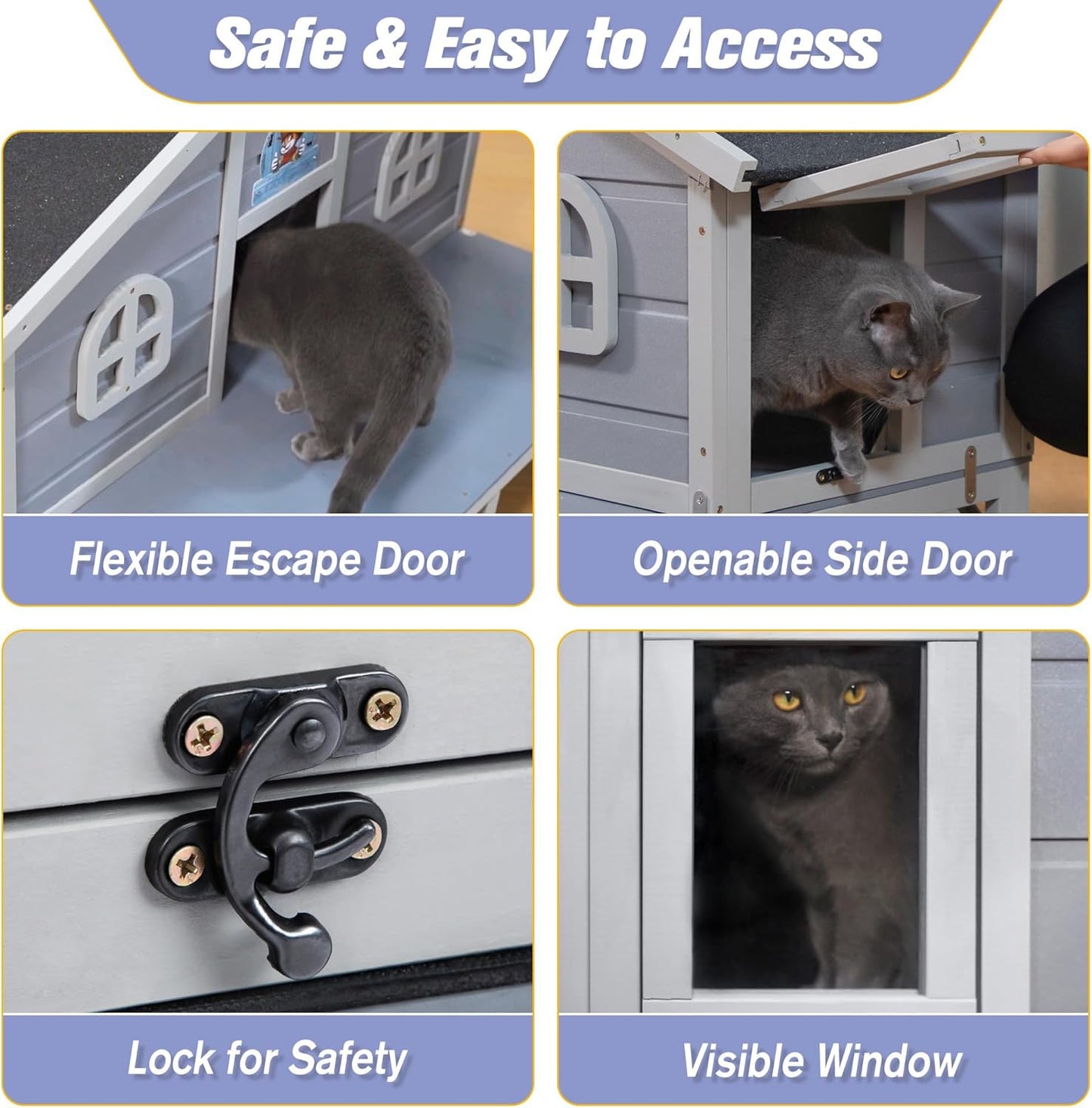 Outdoor Feral Cat House, Large Wooden Outside Cat Shelter with Balcony, Sloped Weathproof Roof, Elevated Legs, Escape Doors, Grey