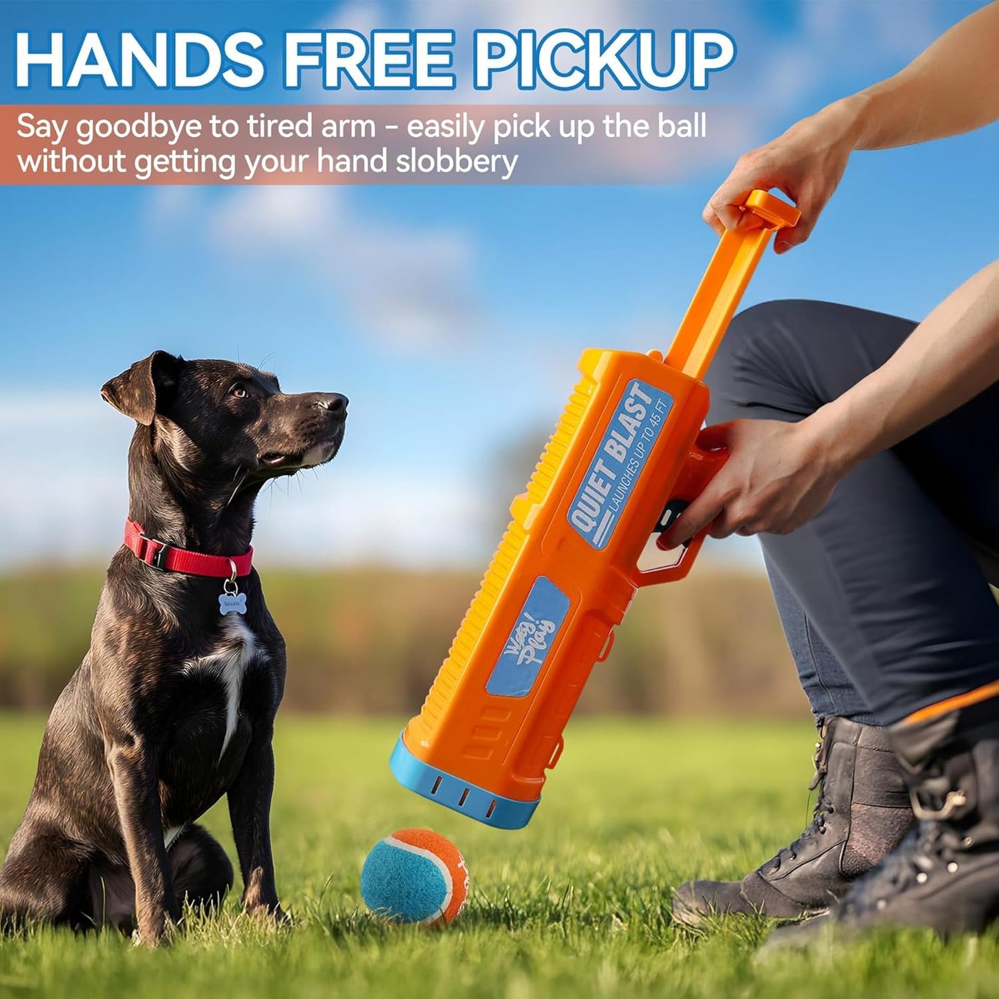 Quiet Blast Automatic Ball Launcher for Dogs, Orange and Blue, Outdoor Interactive Fetch Toy