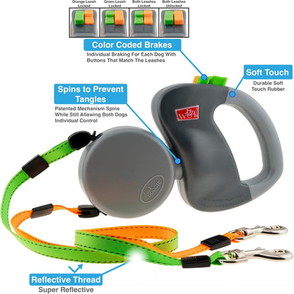 WIGZI - 2025 Enhanced Edition - Dual (2) Dog Retractable Leash, Auto-Untangles, Supports Up To 50lb Dogs, 10ft Distance Each Dog, Color-Coded Control, Reflective Leads, Waterproof, Gray Color