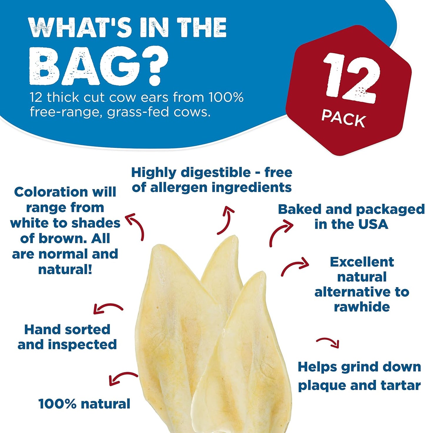 Best Bully Sticks Thick-Cut Cow Ears for Dogs - 12 Count (Pack of 1) - Natural, Free-Range Grass-Fed, Single Ingredient, High Protein, Easily Digestible, Great for Various Breeds