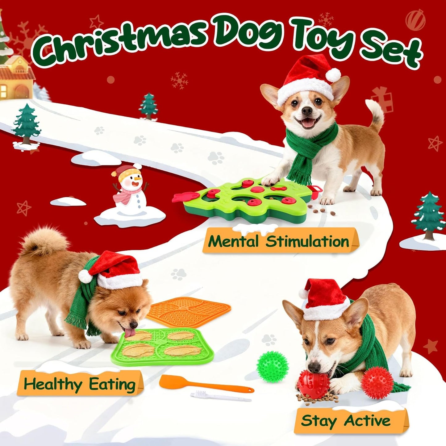 Christmas Dog Enrichment Toy Set — Interactive Dog Puzzle Toy for Mental Stimulation, Lick Mat for Slow Feeding, Squeaky & Treat Balls for Small & Medium Dogs