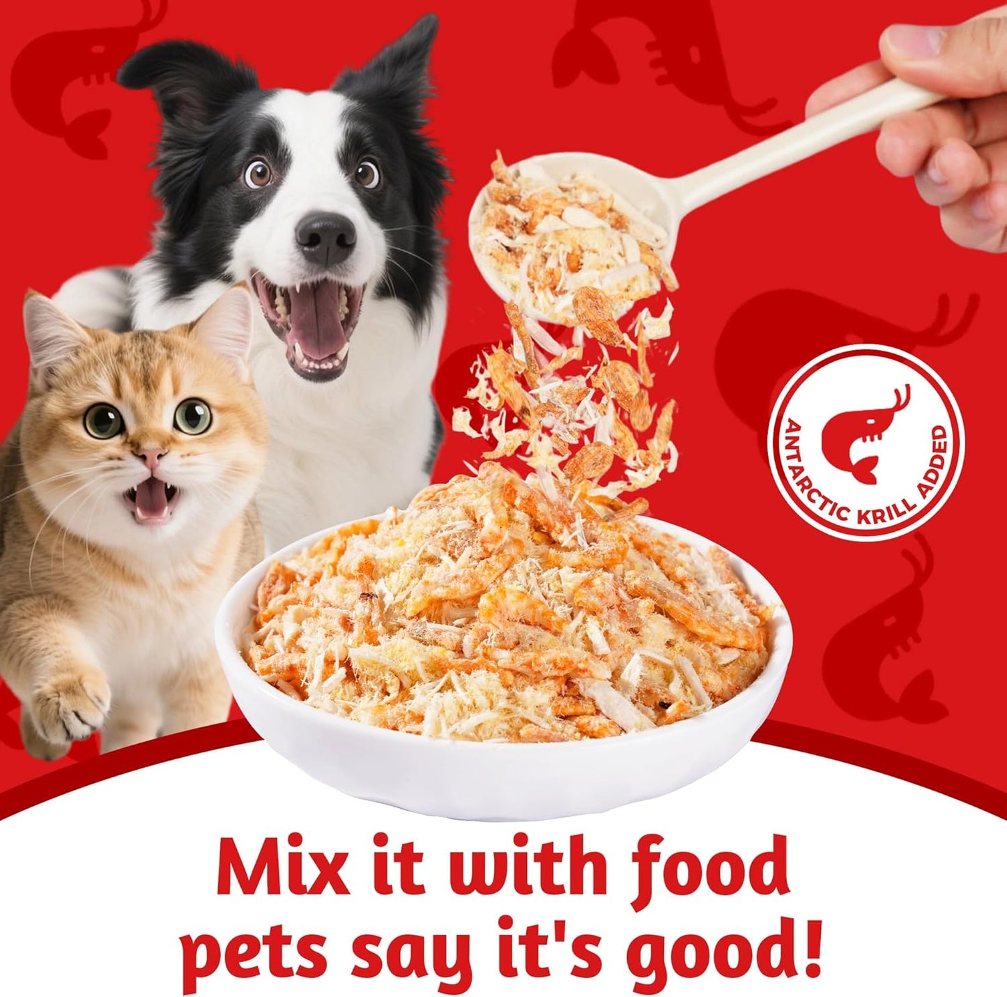 Just Try 8 OZ Raw Antarctic Krill Freeze Dried Cat & Dog Food Toppers Mixers Meal Toppers Low Calorie with Real Chicken Egg Yolk, High Protein Food Toppers Omega 3 for Picky Eaters Skin & Coat Support