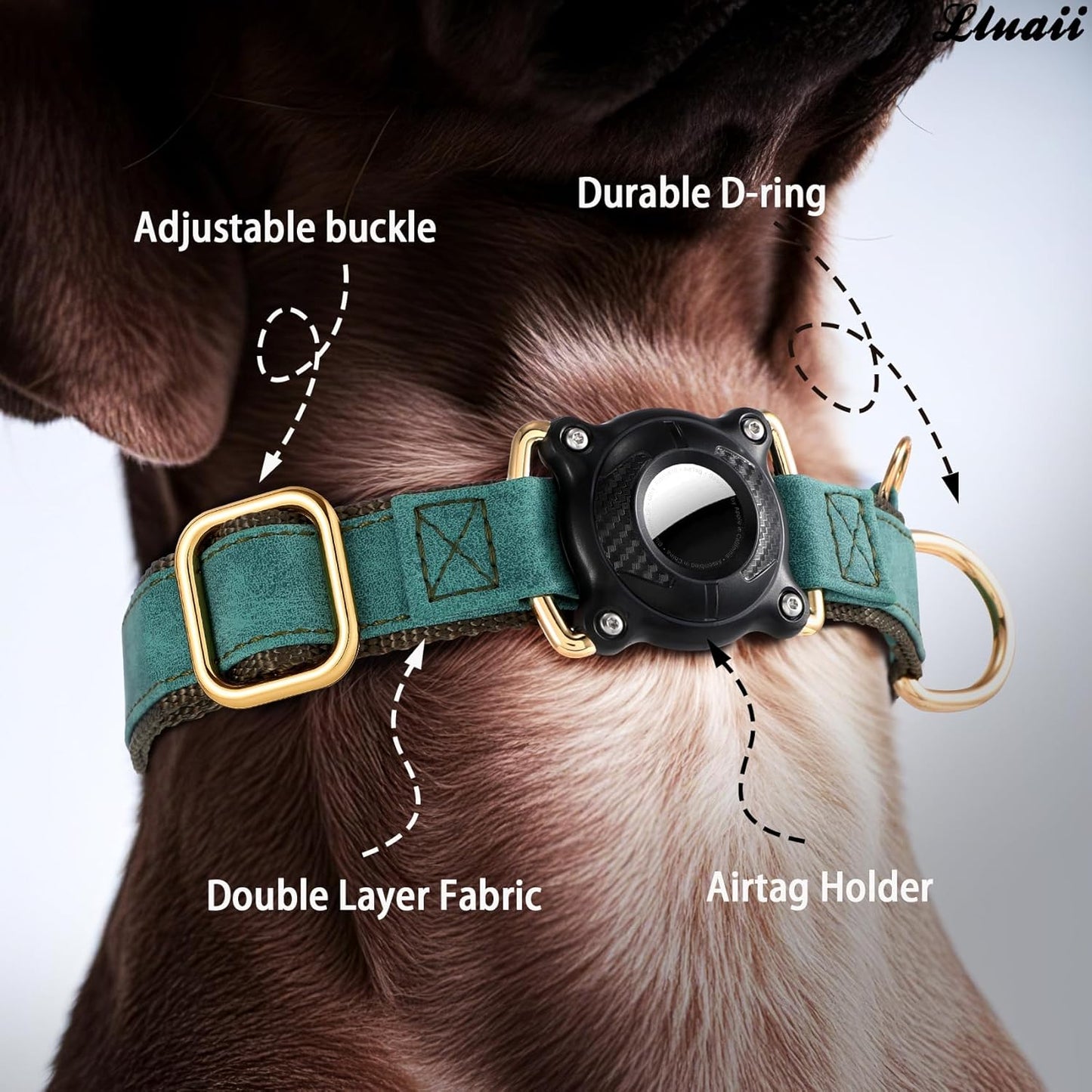 Airtag Dog Collar - Leather Dog Collar with Airtag Holder, IP 68 Waterproof Air Tag Dog Collar, Quick Release Dog Collar Metal Buckle for Large Medium Small Dogs (Green, S, 12.75"–14.75")