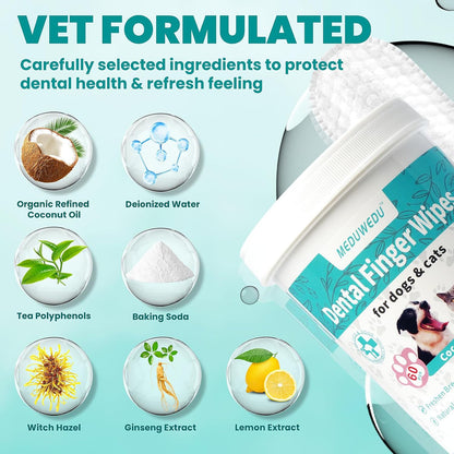 Dental Care Finger Wipes 60 Counts,Teeth Cleaning Finger Wipes for Dogs & Cats,Reduces Plaque & Supports Oral Freshness, Coconut Scent