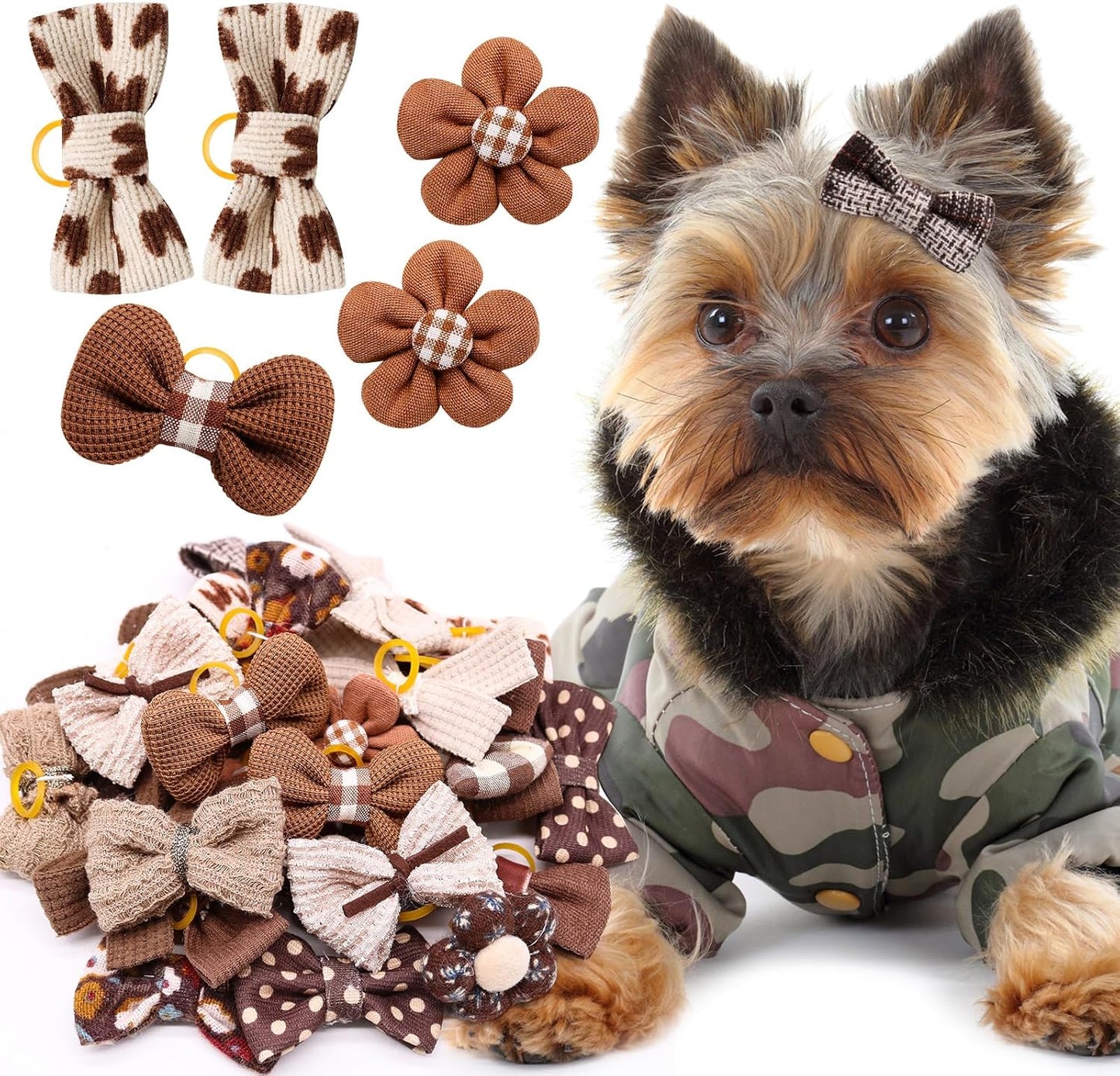 20pc Brown Small Dog Hair Bows - Mix Holiday Dog Hair Bows for Yorkie Puppies, Top Knot for Daily Use