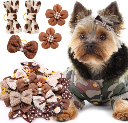 20pc Brown Small Dog Hair Bows - Mix Holiday Dog Hair Bows for Yorkie Puppies, Top Knot for Daily Use
