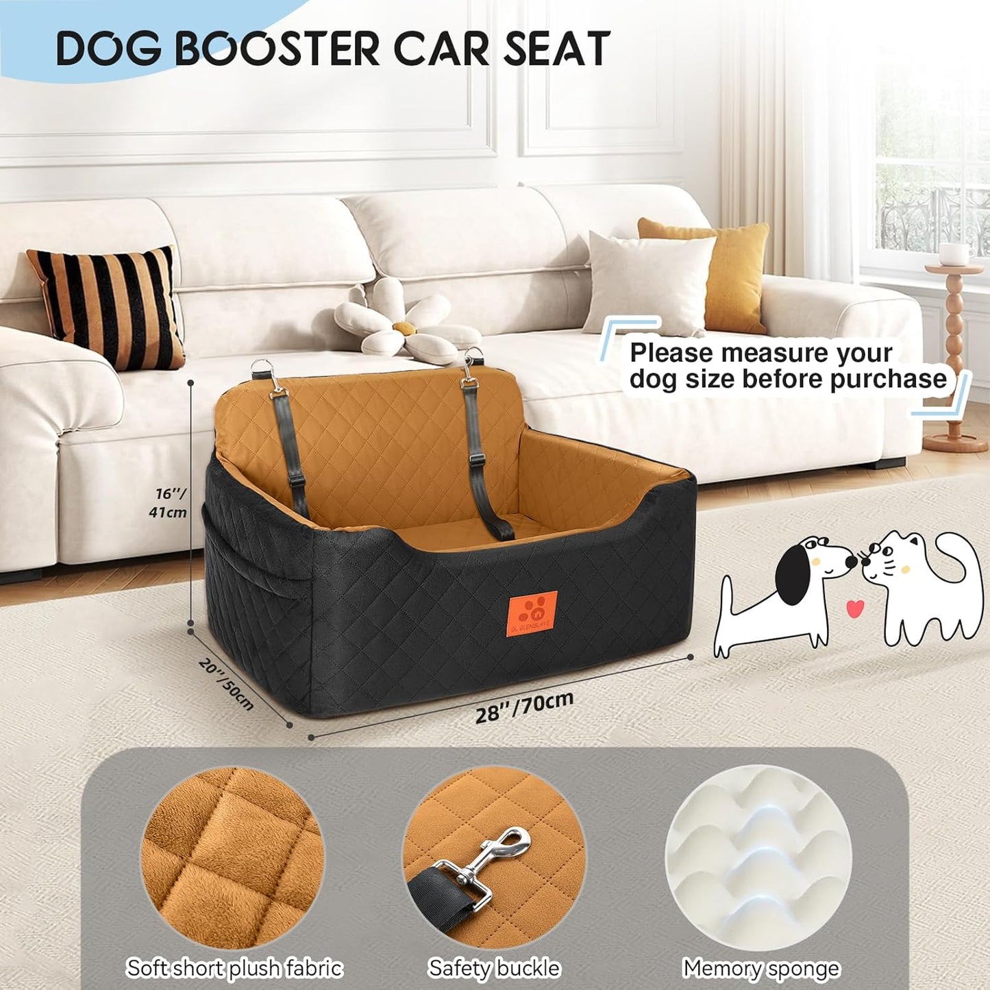 Dog Car Seat for Medium/Large Dogs,Pet Booster Car Seats for Under 50lbs or 2 Small Dogs, Detachable and Washable Pet Bed,Multi-Functional Travel Dog Bed(Black/Brown)