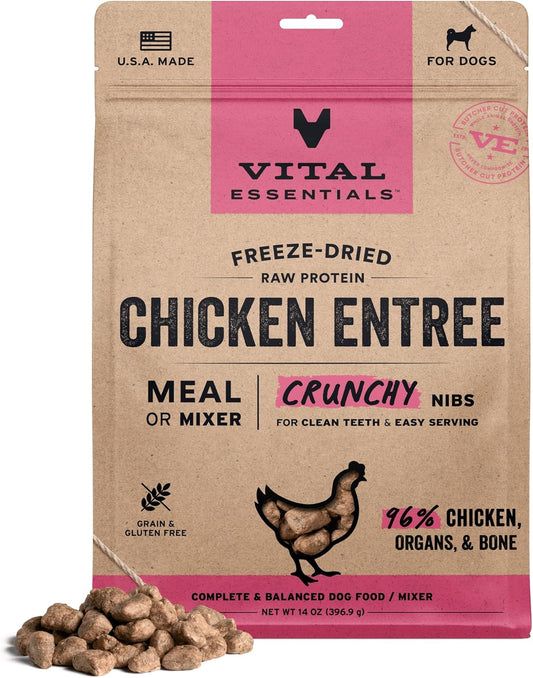 Vital Essentials Freeze-Dried Raw Chicken Crunchy Nibs | Complete Meal or Mixer Dog Food | 14 oz