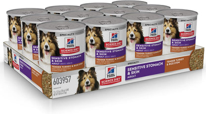Hill's Science Diet Sensitive Stomach & Skin, Adult 1-6, Stomach & Skin Sensitivity support, Wet Dog Food, Turkey & Rice Stew, 12.5 oz Can, Case of 12
