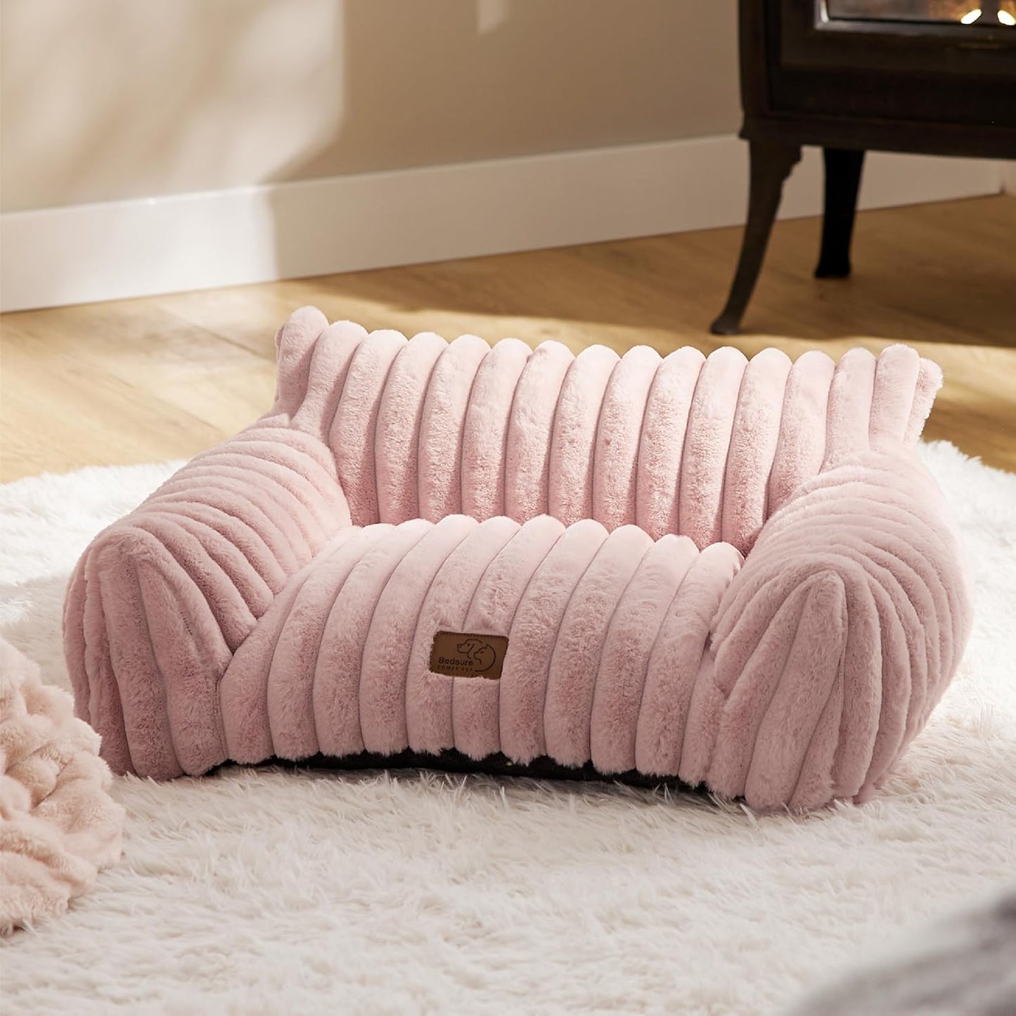Bedsure Cute Cat Couch for Pets - Fluffy Cat Sofa with Premium Soft Corduroy Fleece, Fuzzy Pet Couch Bed with Removable Washable Cover, Supportive Chair for Indoor Cats, 24inch, Blush Pink