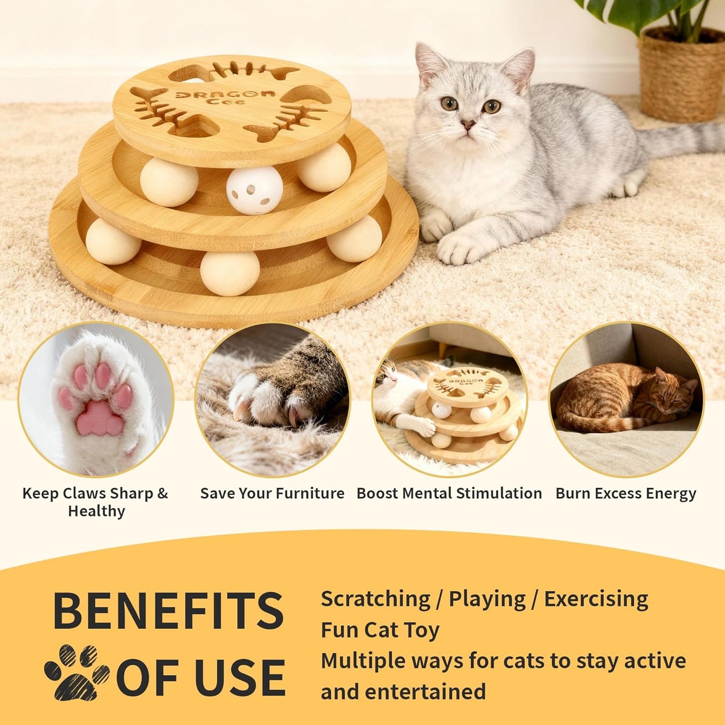 Cat Ball Track Toy, Interactive Toys for Indoor Cats, Tower of Tracks 3-Level Cat Track Toy with 6 Balls,Wooden