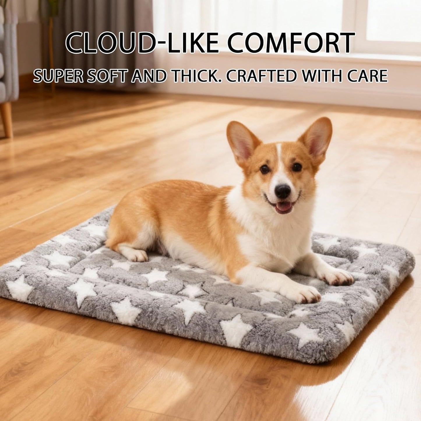 Dog Bed Mat, Reversible Crate Pad & Cute Dog Bed - Machine Washable Kennel Mat with Ultra Soft for Small Dogs (Cool/Warm), 24" x 18", Grey&Star