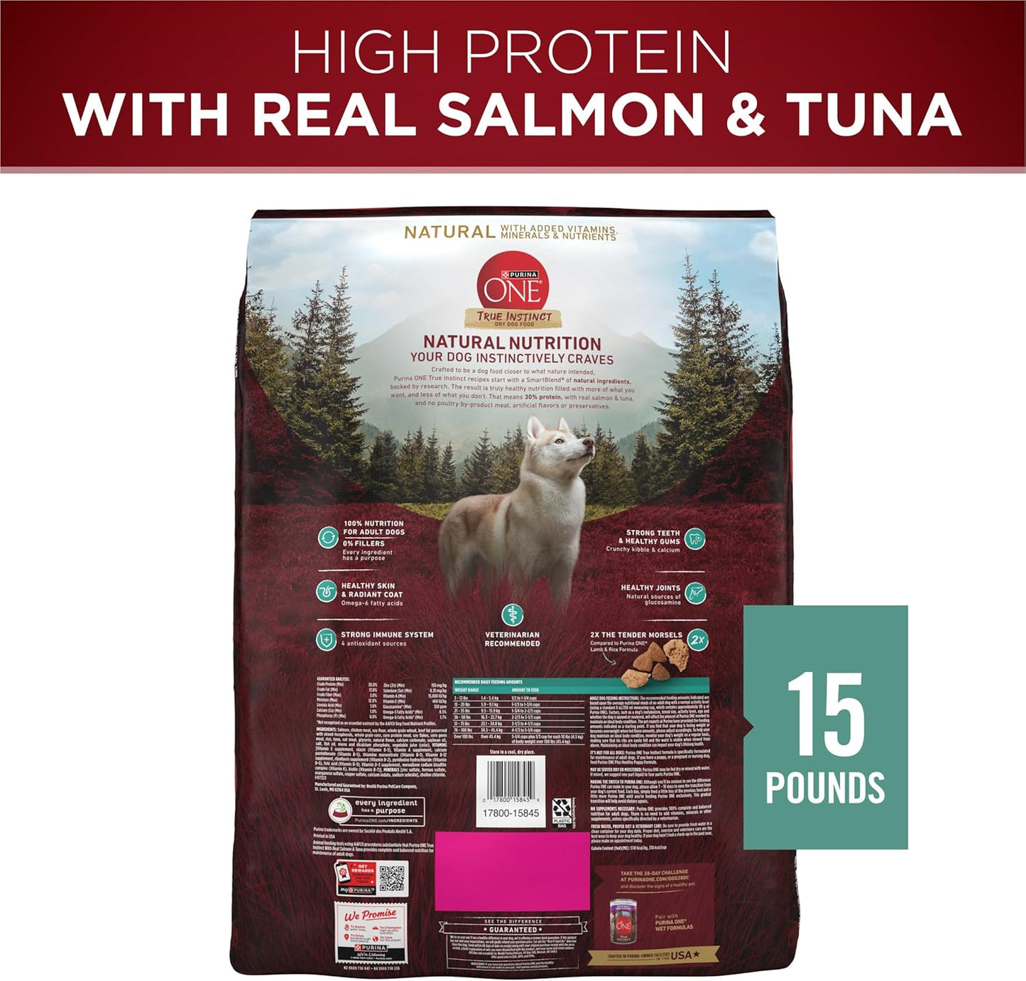 Purina ONE True Instinct With Real Salmon and Tuna Natural With Added Vitamins, Minerals and Nutrients High Protein Dog Food Dry Formula - 15 lb. Bag