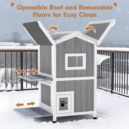 Insulated Outdoor Cat House with Insulated Liner 2 Story Weatherproof Elevated Outside Cat Shelter for Feral Multi Cat