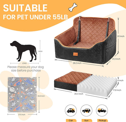 Dog Car Seat for Small Dog with Washable Mat, Memory Foam Booster Seat for Dogs Under 55lb, Elevated Pet Seat with Pockets, Anti-Slip Bed for Car, Perfect for Back Seats & Trunk with 2 Safety Leashes