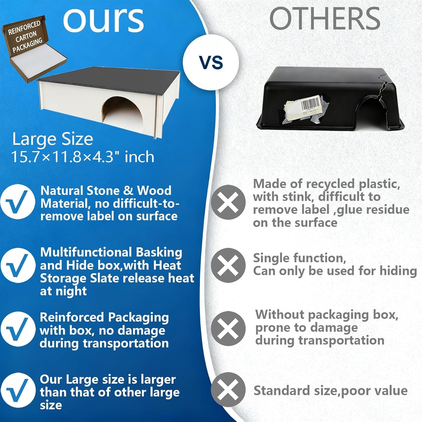 Large Snake Hide with Slate Reptile Hide Box Ball Python Hide 15.7×11.8×4.3"(XL) Reptile Hides Snake Hides for Ball Pythons Leopard Geckos 100% Natural Stone & Wood Reinforced Packaging