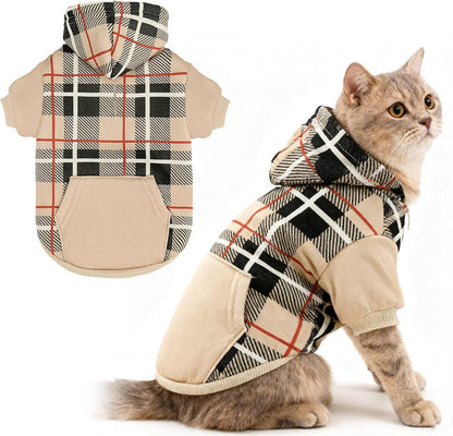 EXPAWLORER Plaid Cat Hoodie - British Style Warm Cat Sweater Shirt with Leash Hole,Pet Clothes Outfits,Winter Coat Apparel for Puppy Cats Girl Boy-Kitten Apparel,Beige S