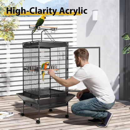 65 Inch Playtop Wrought Iron Large Parrot Bird Cages with Rolling Stand,4 Stainless Steel Bowls,Slide-Out Tray for Cockatiels Quaker Conure Parakeet Lovebird Finch Canary Small Medium Parrot Cage